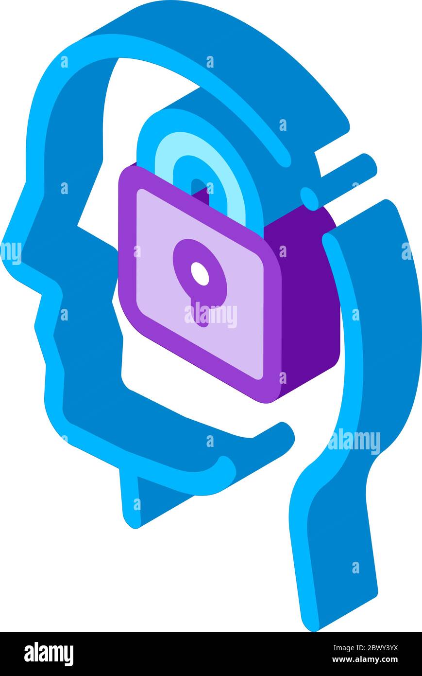 Locked Padlock In Man Silhouette Mind isometric icon Stock Vector