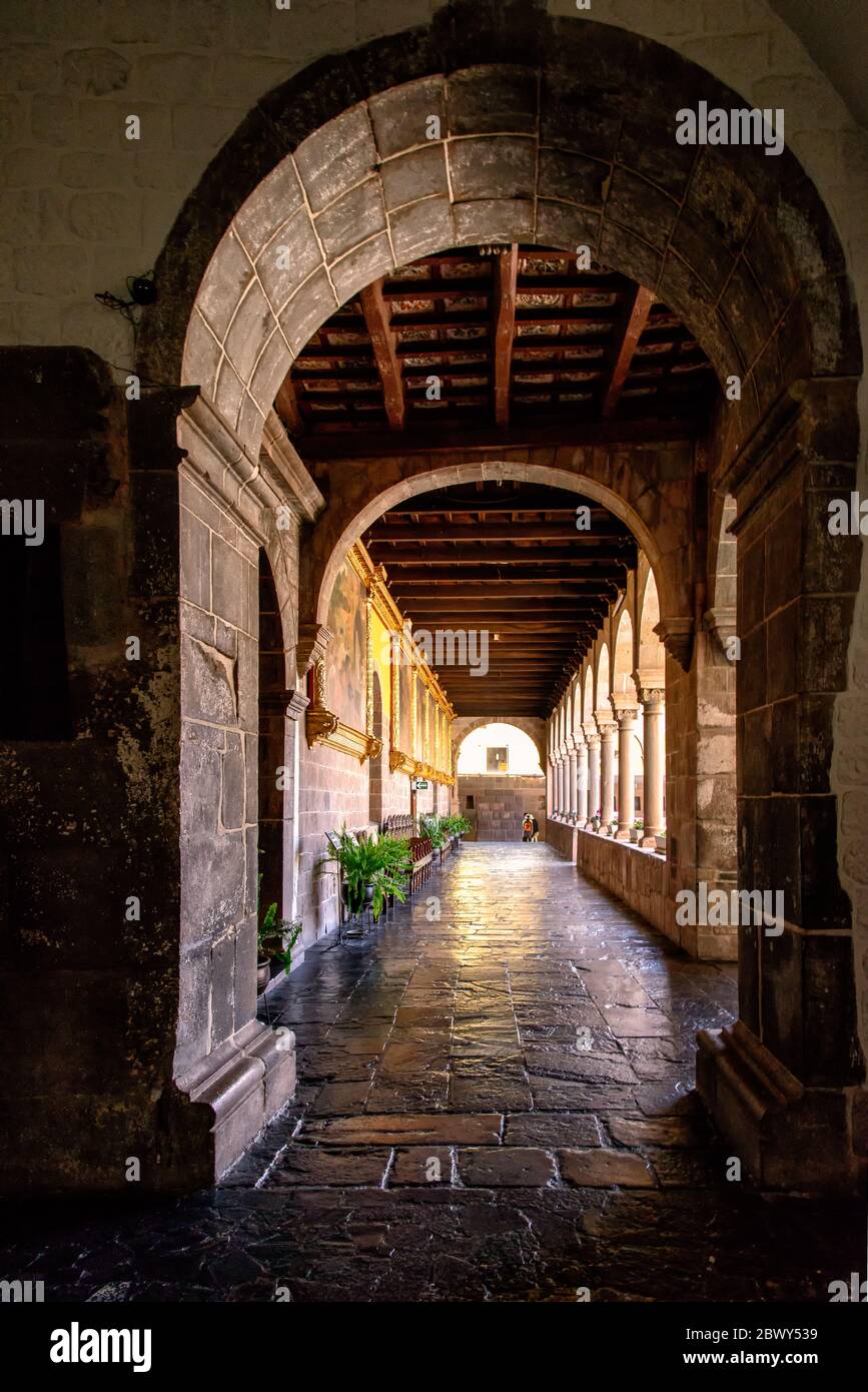 Corridor in the Santo Domingo Monastery, built on and around the Qorikancha, Inca Temple of the Sun Stock Photo