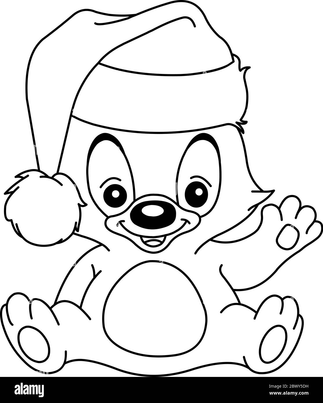 Outlined Christmas teddy bear waving and wearing a Santa hat. Vector line art illustration coloring page. Stock Vector