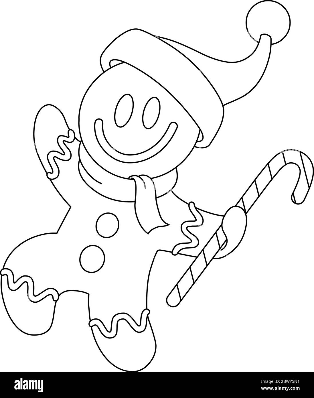 Happy Christmas gingerbread man wearing Santa hat and holding a candy cane. Vector line art illustration coloring page. Stock Vector