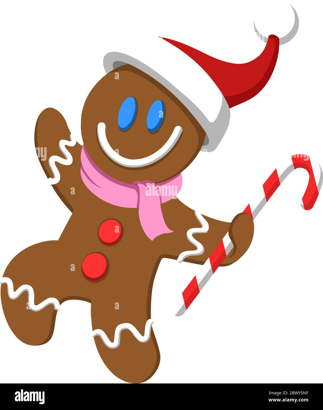 Happy Christmas gingerbread man wearing santa hat and holding a candy cane Stock Vector