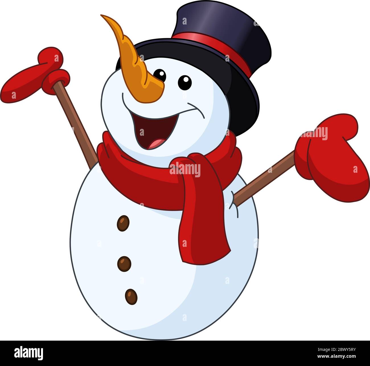 Happy snowman looking up and raising his arms Stock Vector
