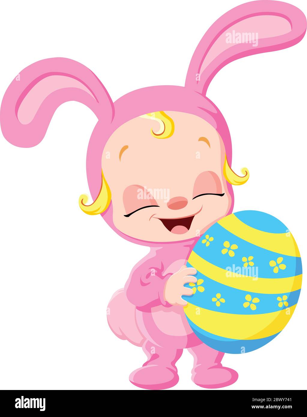 Cute baby dressed up as a pink bunny holding an Easter egg Stock Vector