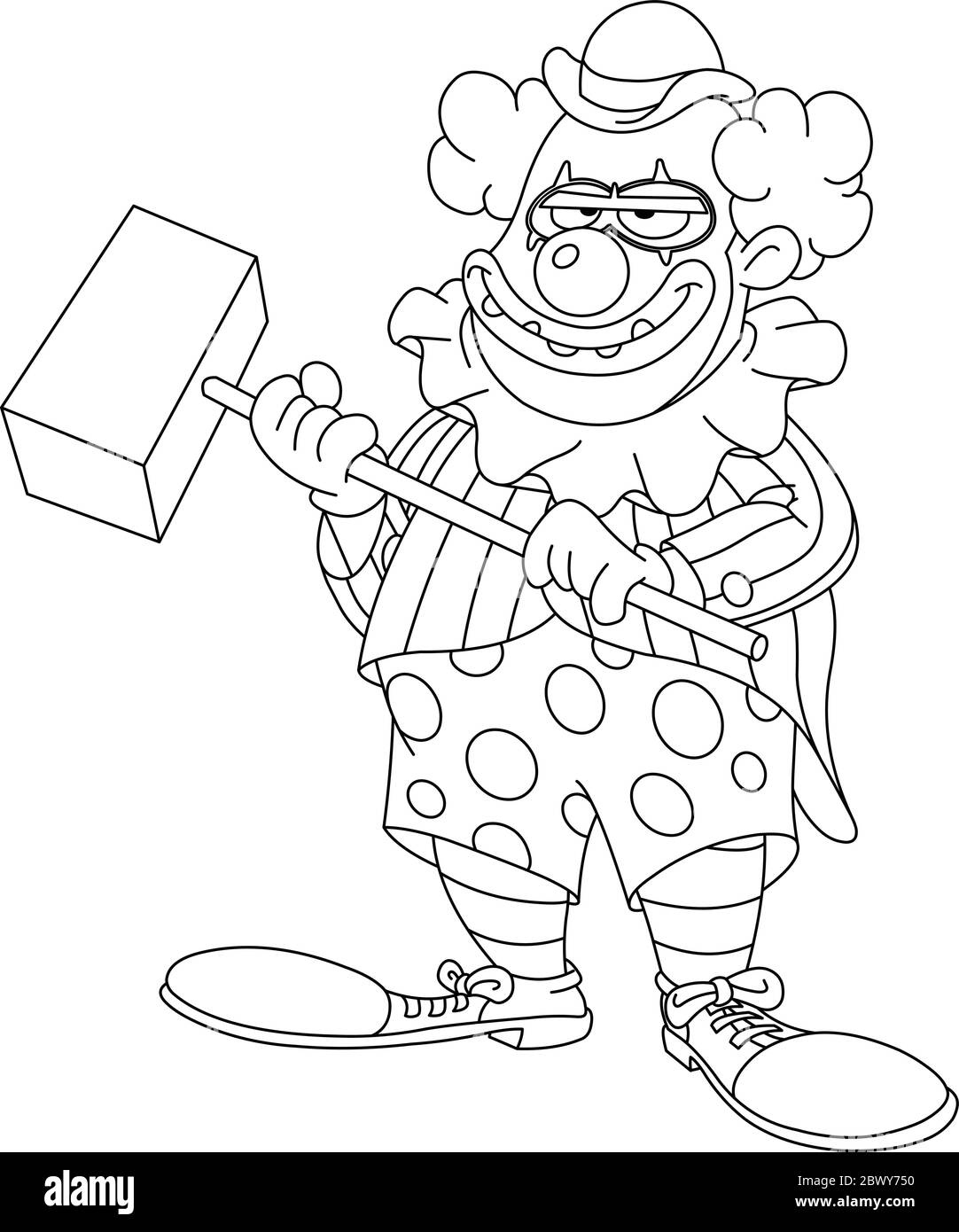 Outlined evil scary clown holding a hammer. Vector line art illustration coloring page. Stock Vector