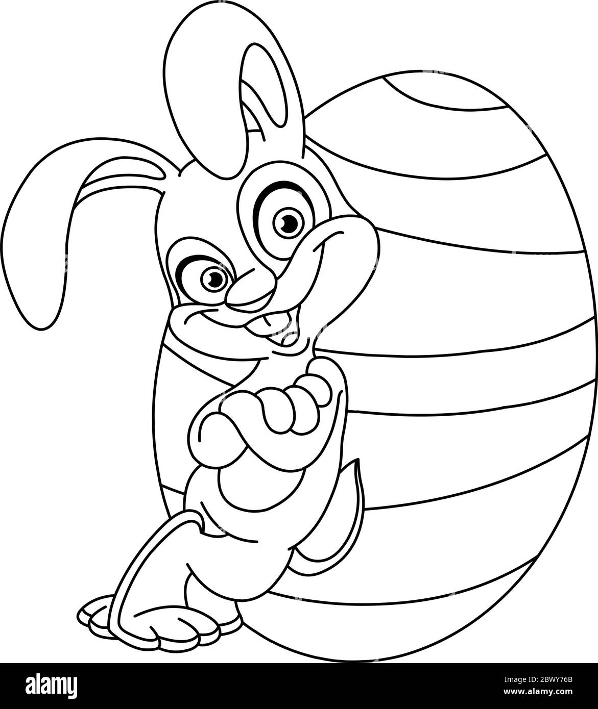 Outlined happy bunny leaned against a big Easter egg. Vector illustration coloring page. Stock Vector