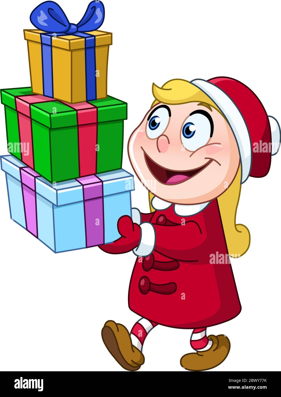 Young girl carrying stack of Christmas gift boxes Stock Vector