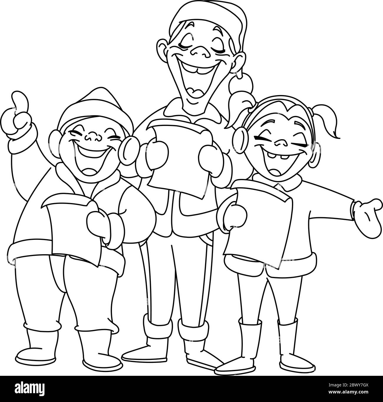 Outlined Christmas carolers. Vector illustration coloring page. Stock Vector