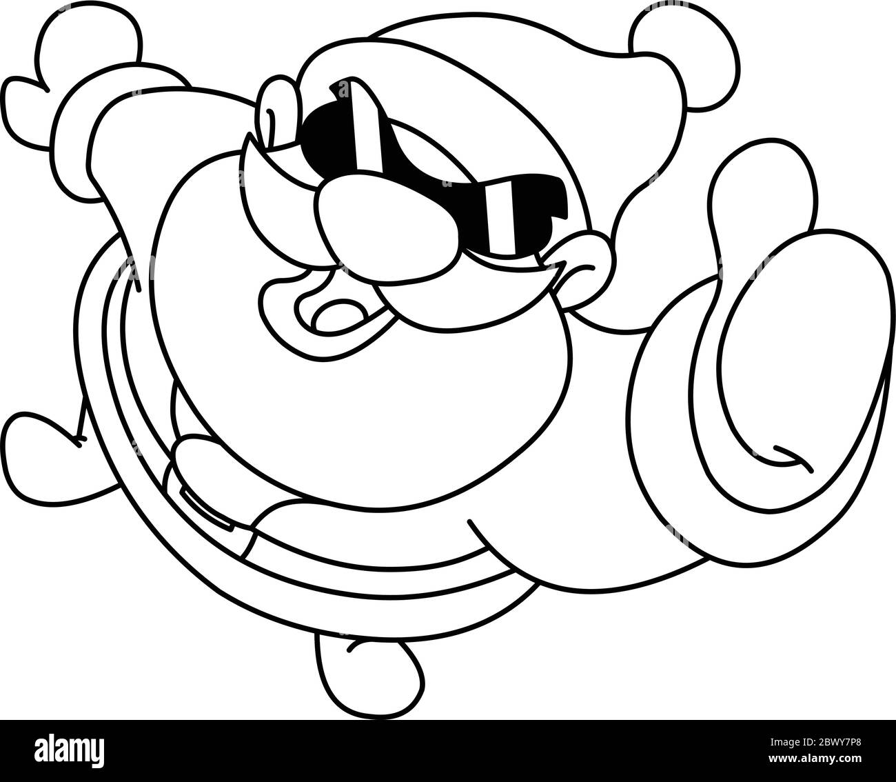 Outlined high angle view of Santa Claus in sunglasses showing thumb up. Vector line art illustration coloring page. Stock Vector