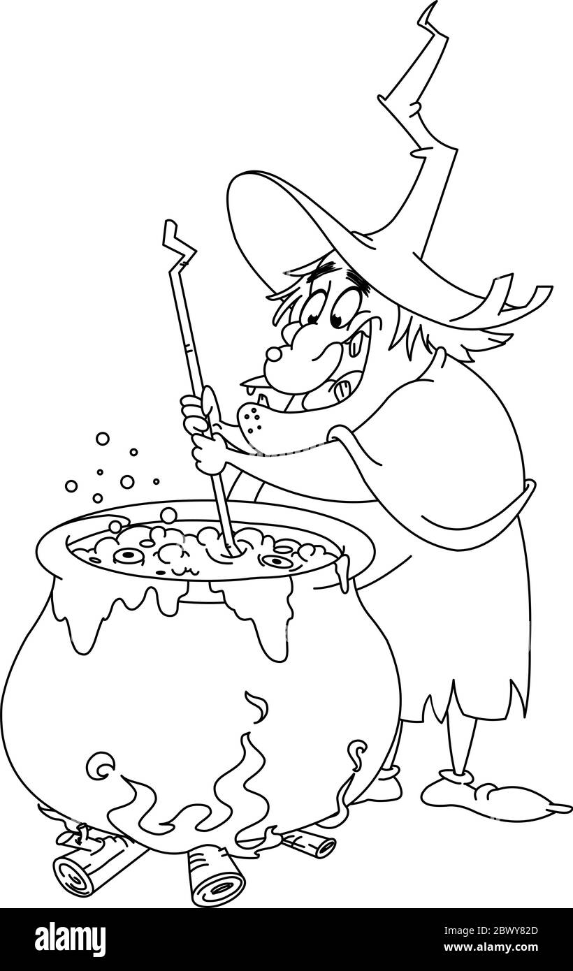 Outlined witch preparing a potion. Vector illustration coloring page. Stock Vector
