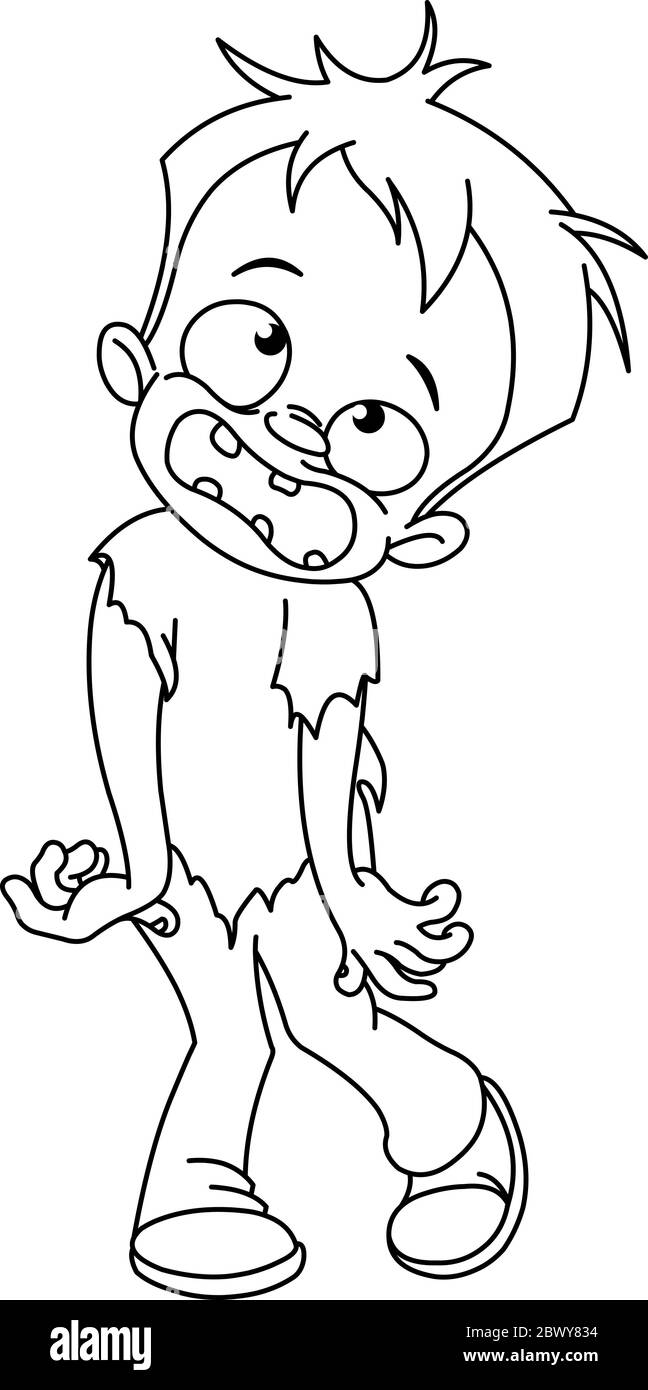 Outlined kid in a zombie costume celebrating Halloween. Vector line art illustration coloring page. Stock Vector
