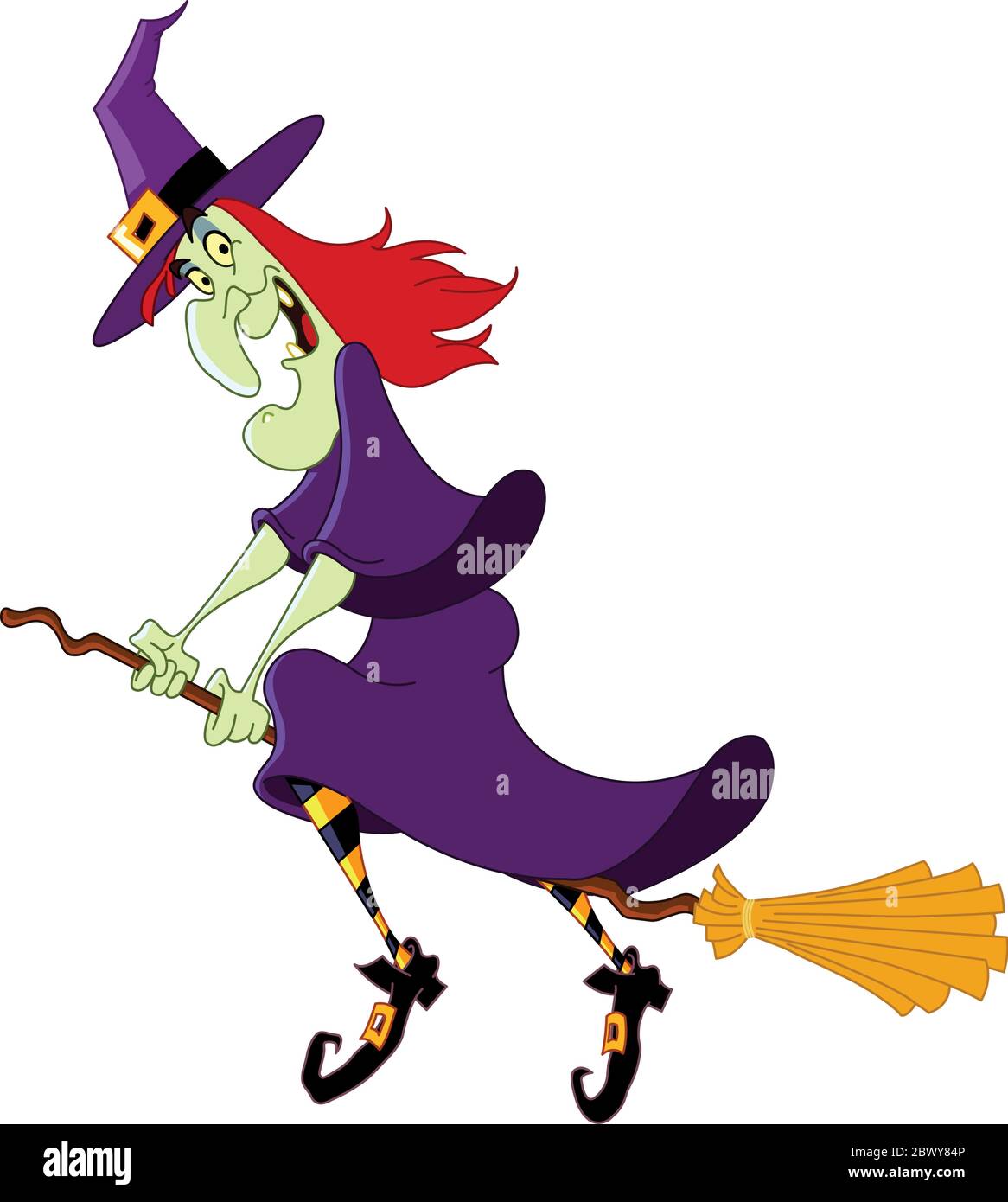 Cartoon witch flying on her broomstick Stock Vector