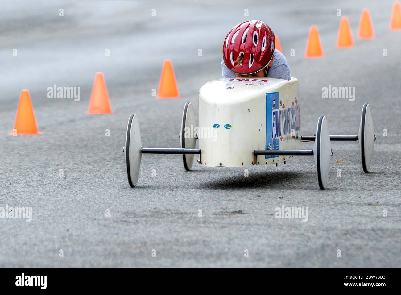 Saint John, New Brunswick, Canada - May 26, 2018: A closeup of a participant in the annual soap box derby. Stock Photo