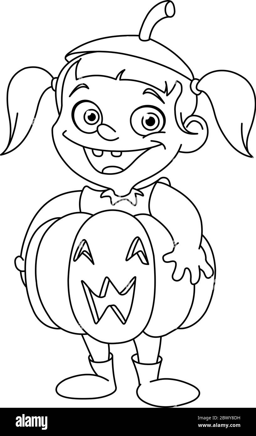 Outlined cute young girl in a pumpkin costume celebrating Halloween Stock Vector