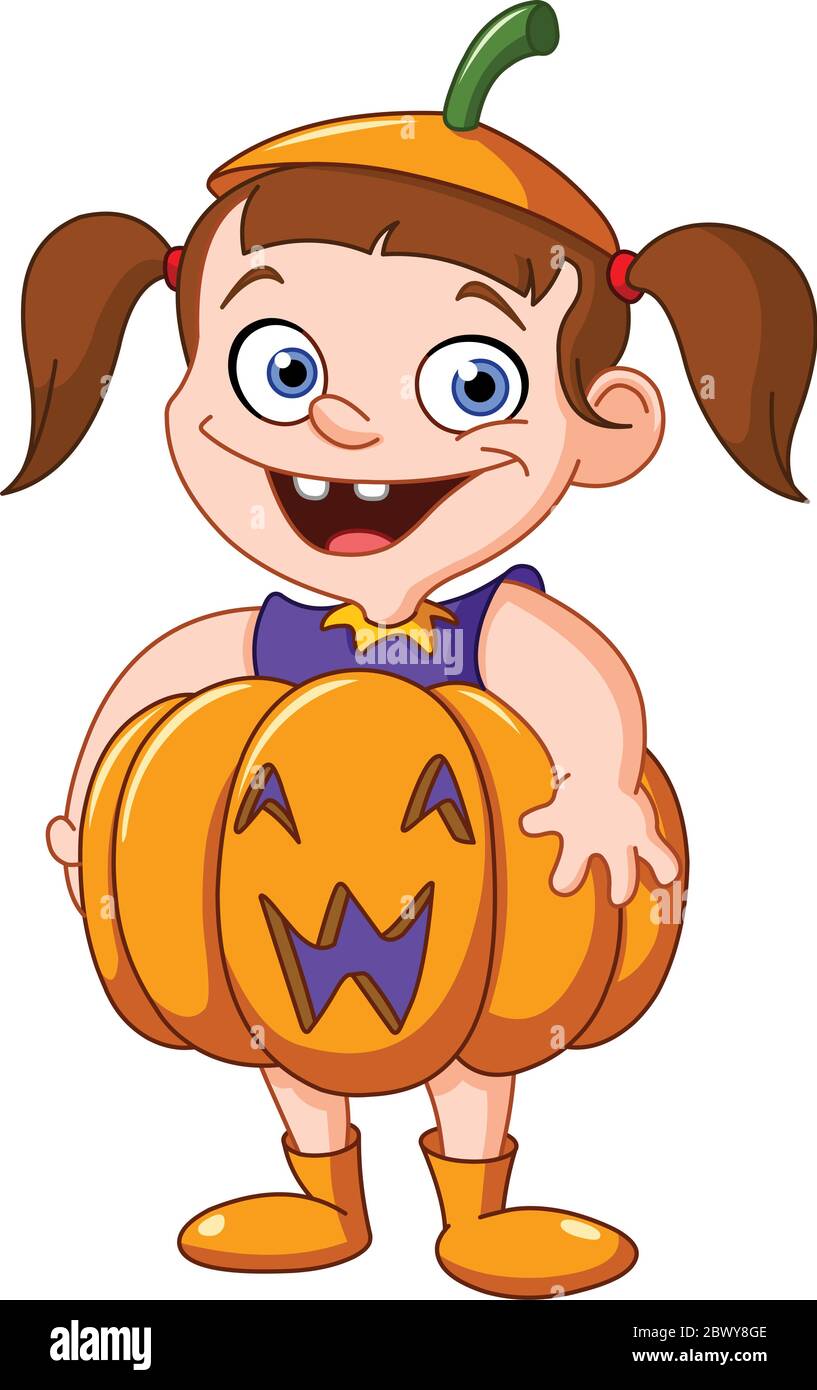 Cute young girl in a pumpkin costume celebrating Halloween Stock Vector
