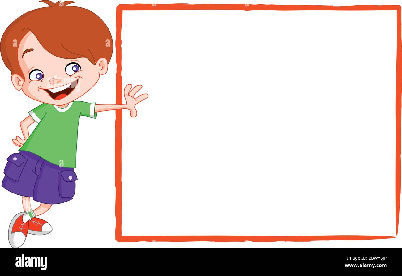 Happy kid leaning on a blank sign Stock Vector