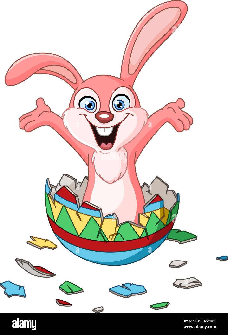 Happy bunny hatching from a colorful Easter egg Stock Vector