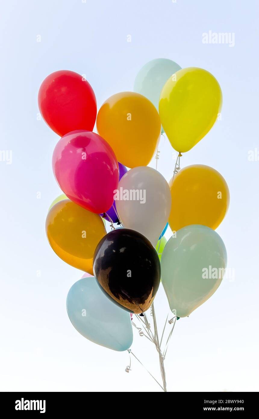 Colorful bunch of helium balloons isolated on background Stock Photo ...