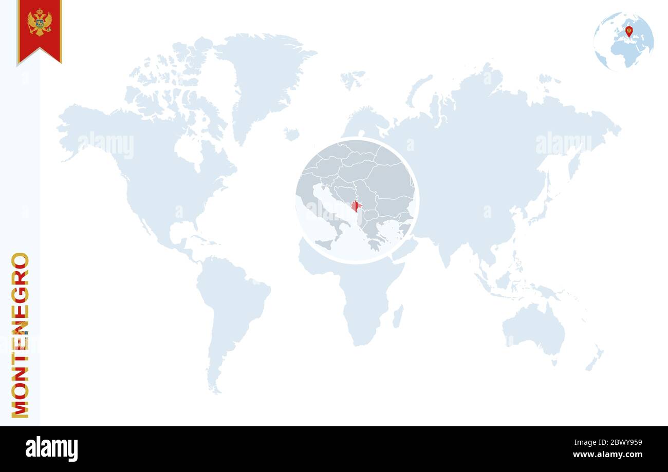 World Map With Magnifying On Montenegro Blue Earth Globe With World Map With Magnifying On Montenegro Blue Earth Globe With Montenegro Flag Pin Zoom On Montenegro Map Vector Illustration 2BWY959 