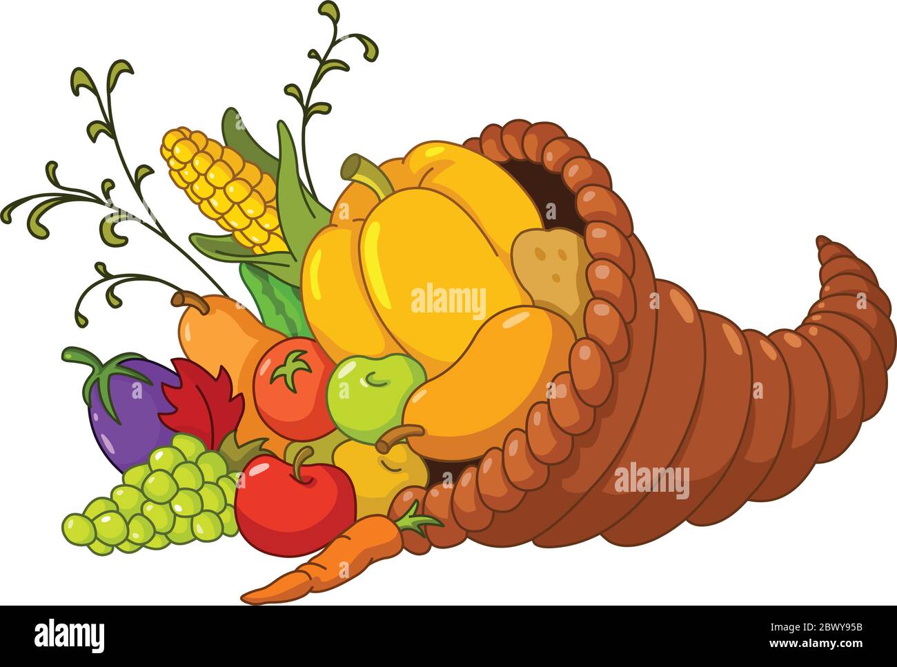 Horn of plenty. Cornucopia with autumn fruits and vegetables Stock Vector