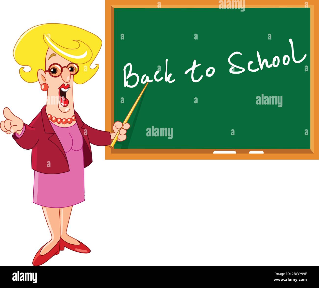 Cartoon female teacher pointing at back to school on a blackboard Stock Vector
