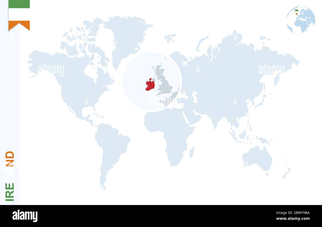 World Map With Magnifying On Ireland Blue Earth Globe With Ireland World Map With Magnifying On Ireland Blue Earth Globe With Ireland Flag Pin Zoom On Ireland Map Vector Illustration 2BWY9BA