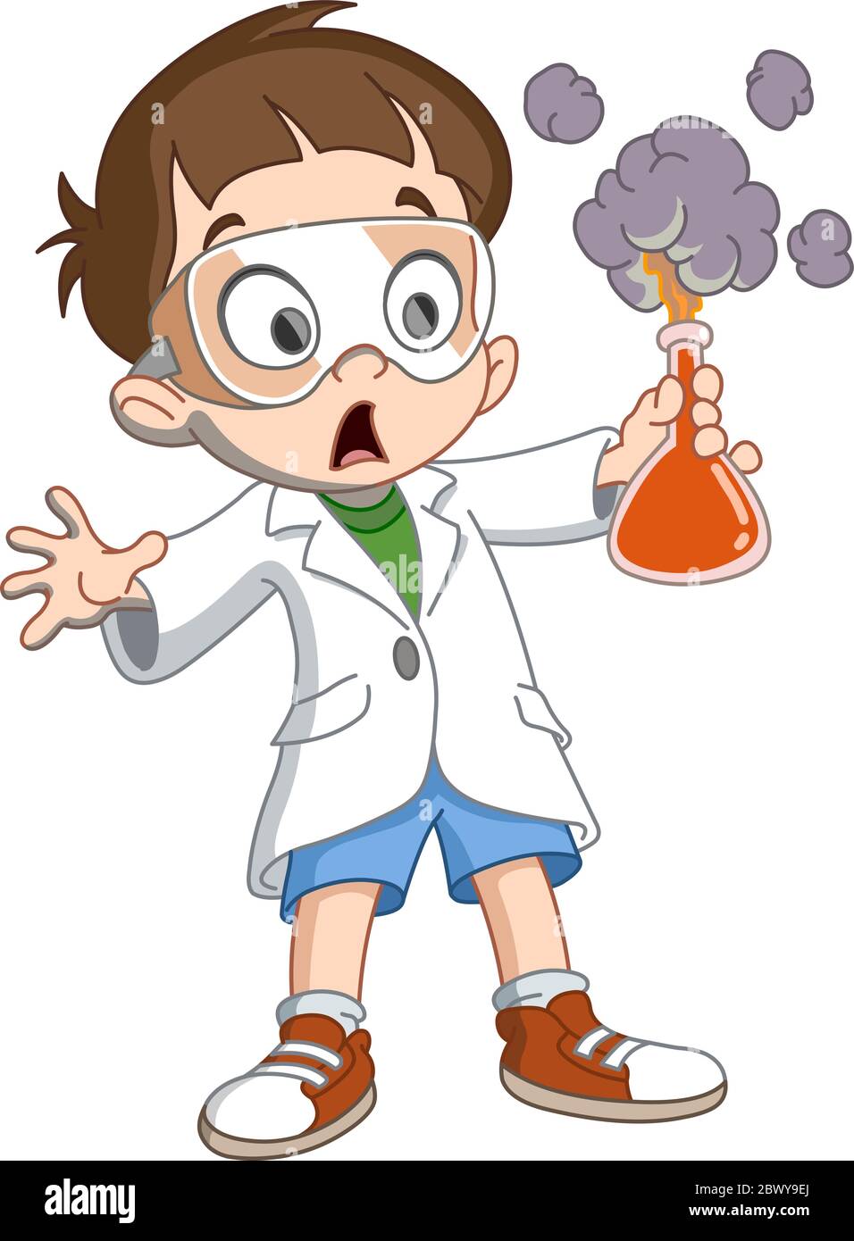 Scientist kid holding an exploding test tube Stock Vector