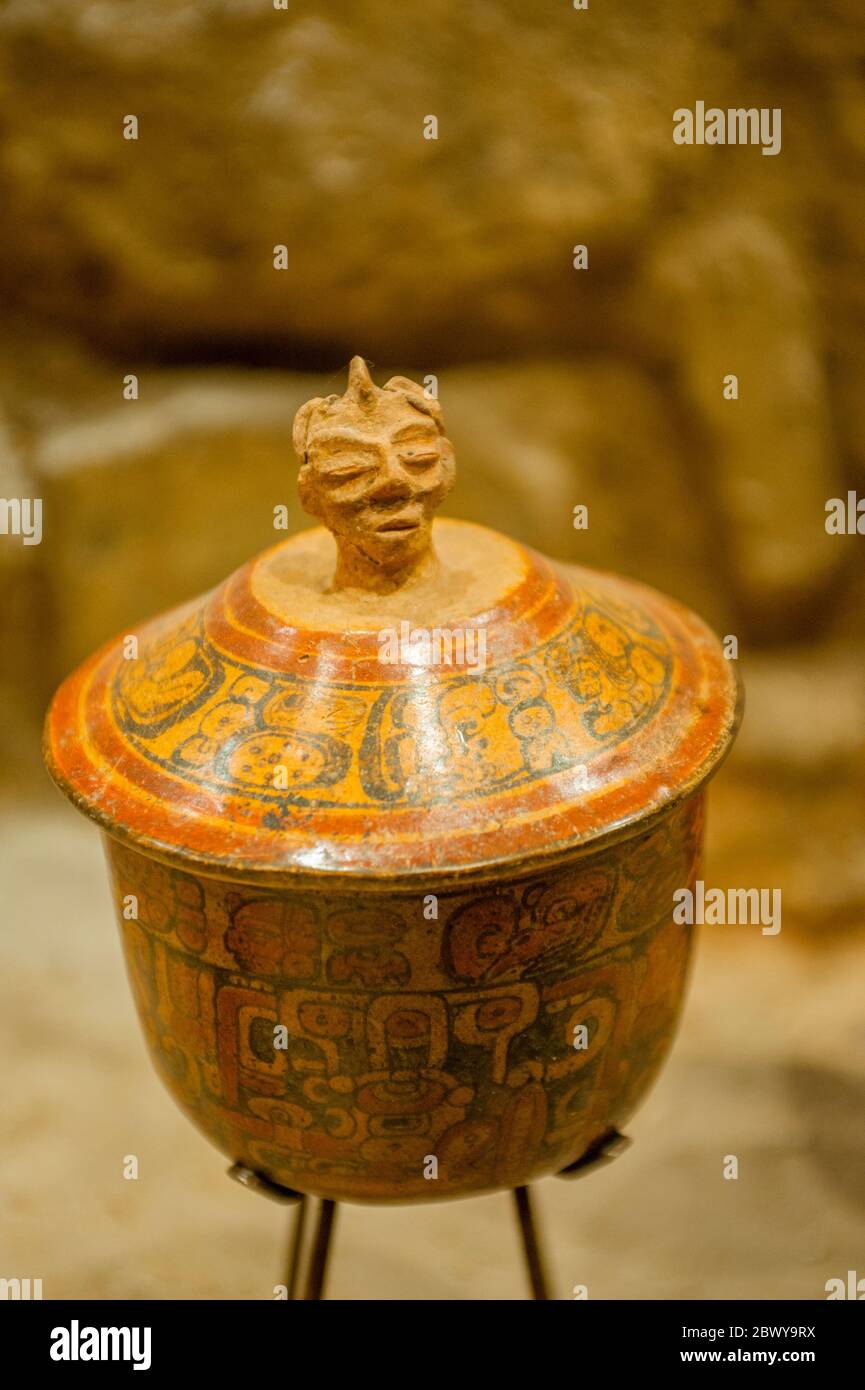 Mayan pottery in the Archeological Museum at the museums promenade of the Casa Santo Domingo in the town of Antigua in the highlands of Guatemala. Stock Photo