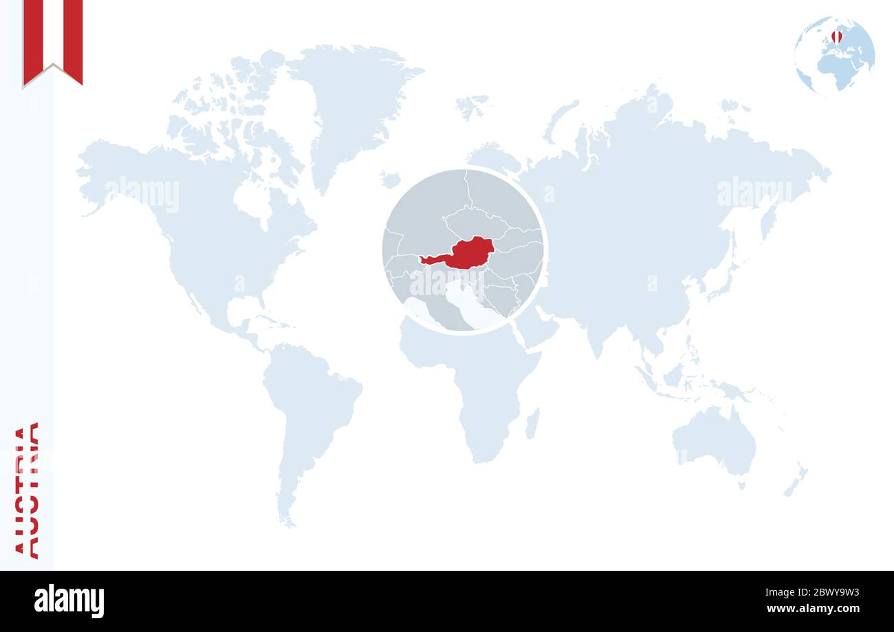 Austria On World Map World Map With Magnifying On Austria. Blue Earth Globe With Austria Flag  Pin. Zoom On Austria Map. Vector Illustration Stock Vector Image & Art -  Alamy