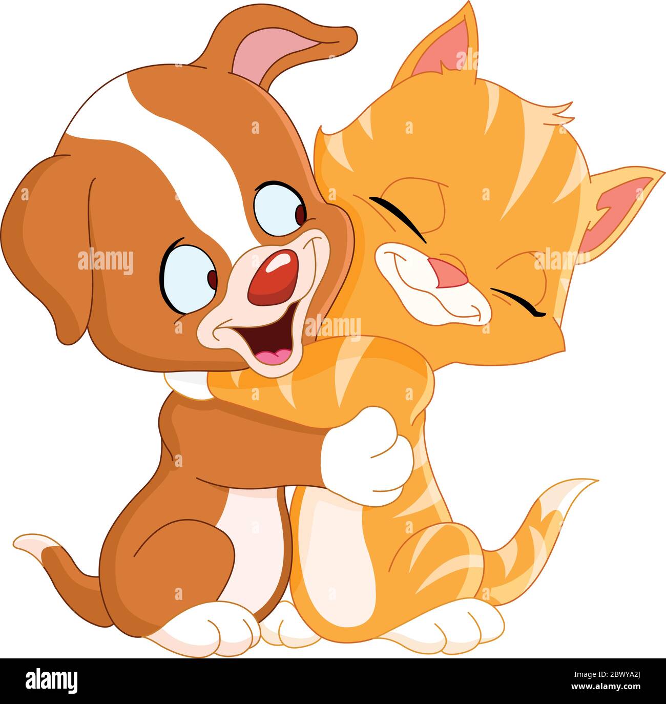 Cute puppy and kitten hugging each other Stock Vector