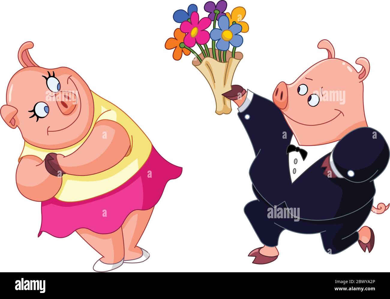 Loving pig giving his girlfriend bouquet of flowers Stock Vector