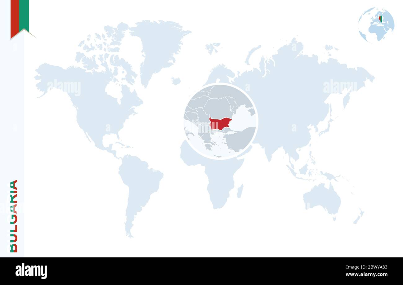 World Map Showing Bulgaria World Map With Magnifying On Bulgaria Blue Earth Globe With Bulgaria Flag Pin Zoom On Bulgaria Map Vector Illustration 2BWYA83