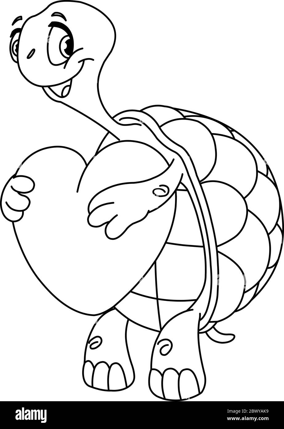 Outlined turtle holding a heart. Vector illustration line art coloring page. Stock Vector