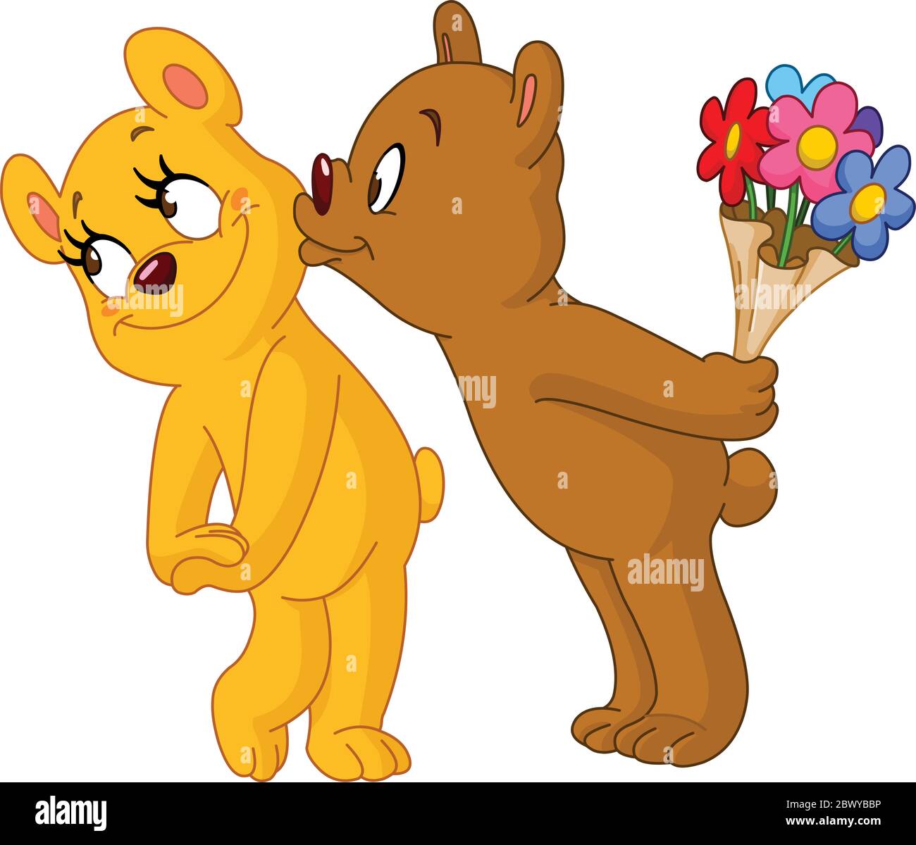 Loving bear kissing his girlfriend and holding bouquet of flowers behind his back Stock Vector
