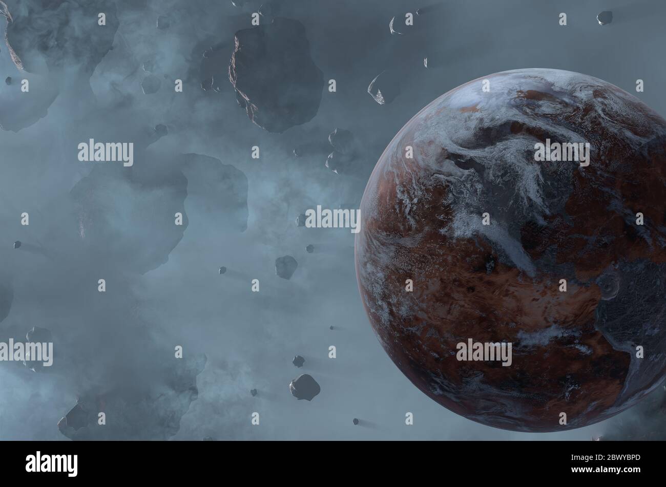 Lifeless Earth in space asteroid field with dust. Science