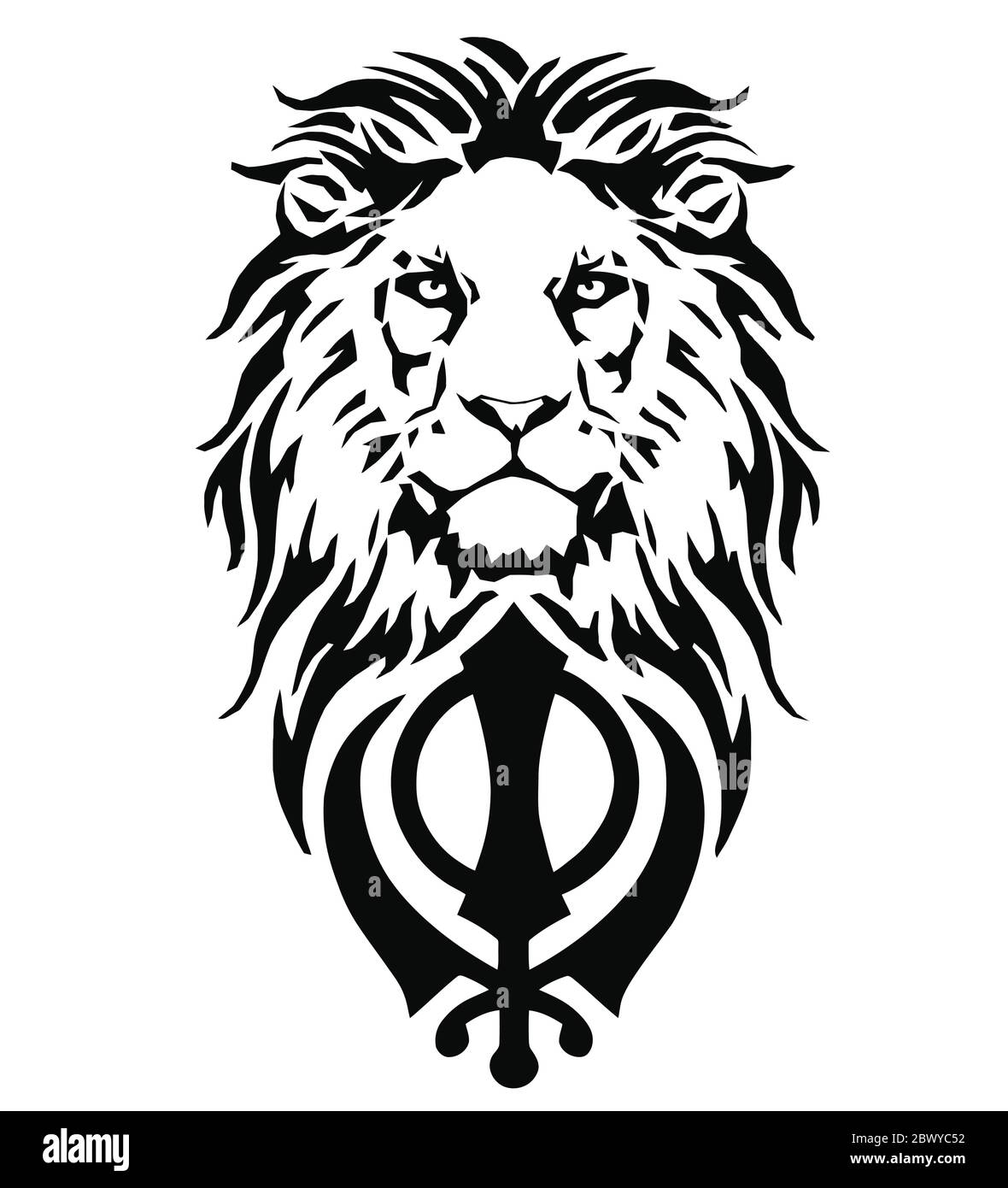 The Lion and the most significant symbol of Sikhism - Sign of Khanda, drawing for tattoo, on a white background, vector Stock Vector