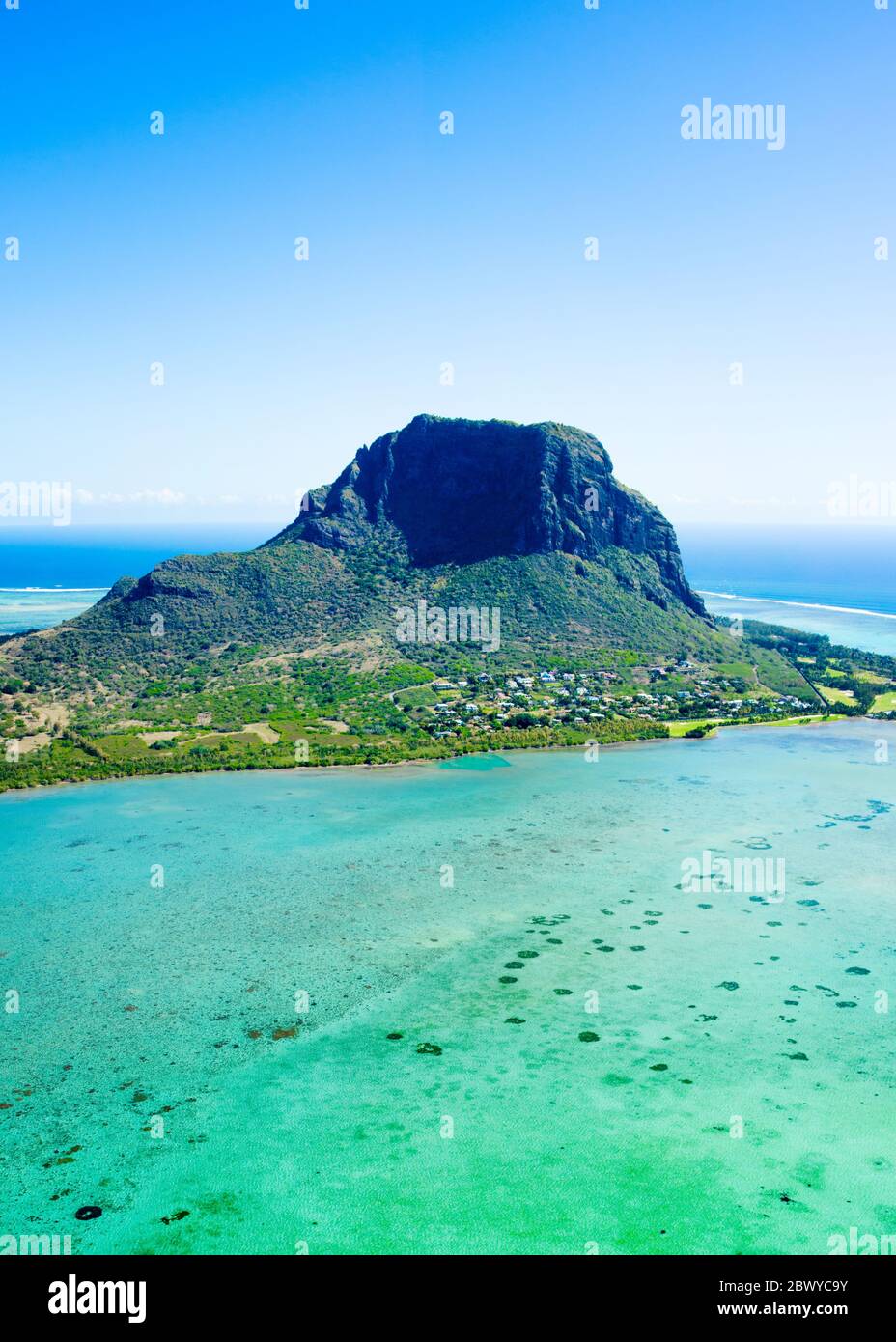 Aerial view of Mauritius island panorama and famous Le Morne Brabant