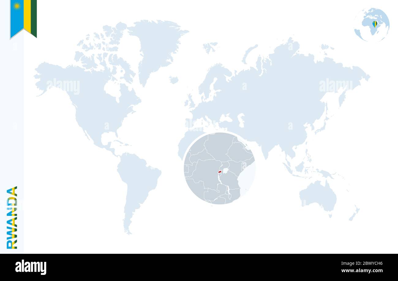 Rwanda In World Map World Map With Magnifying On Rwanda. Blue Earth Globe With Rwanda Flag Pin.  Zoom On Rwanda Map. Vector Illustration Stock Vector Image & Art - Alamy