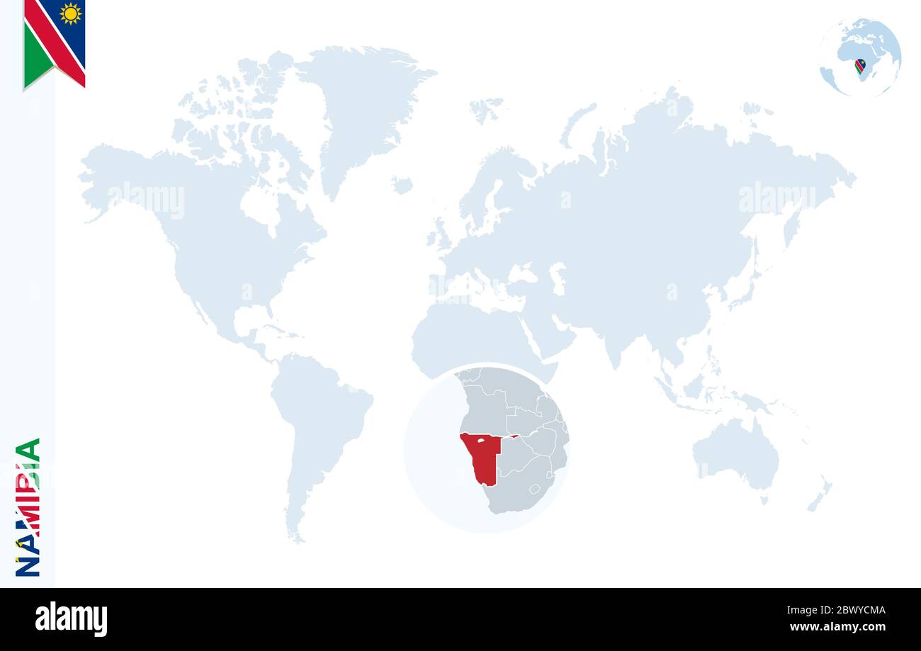 World map with magnifying on Namibia. Blue earth globe with Namibia ...