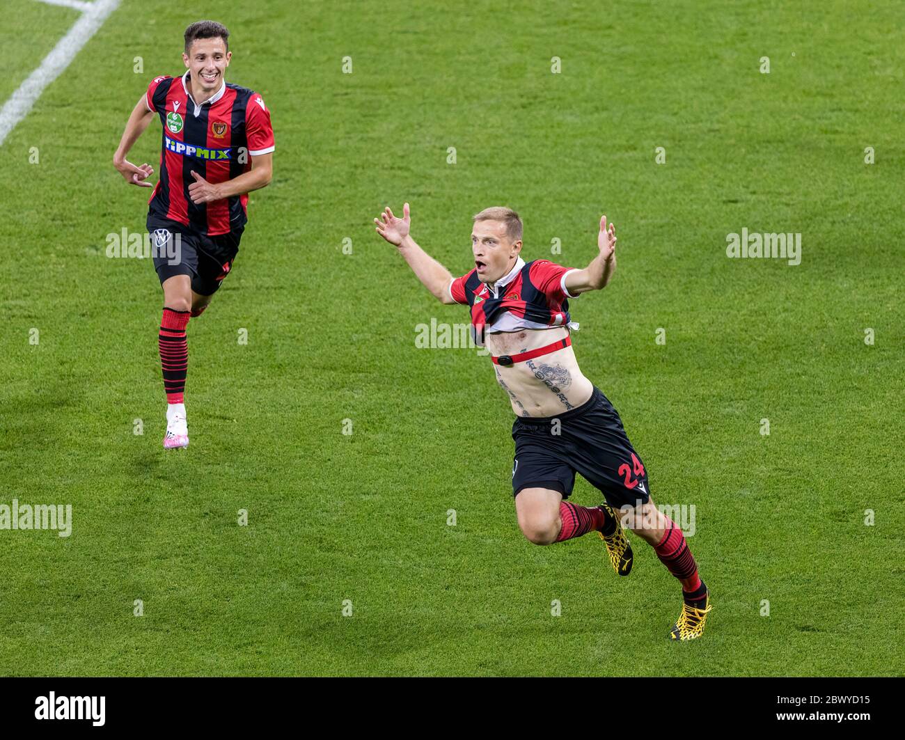 BUDAPEST, HUNGARY - JUNE 3: (r-l) Djordje Kamber of Budapest Honved celebrates his goal with Norbert Szendrei of Budapest Honved during the Hungarian Cup Final match between Budapest Honved and Mezokovesd Zsory FC at Puskas Arena on June 3, 2020 in Budapest, Hungary. Stock Photo