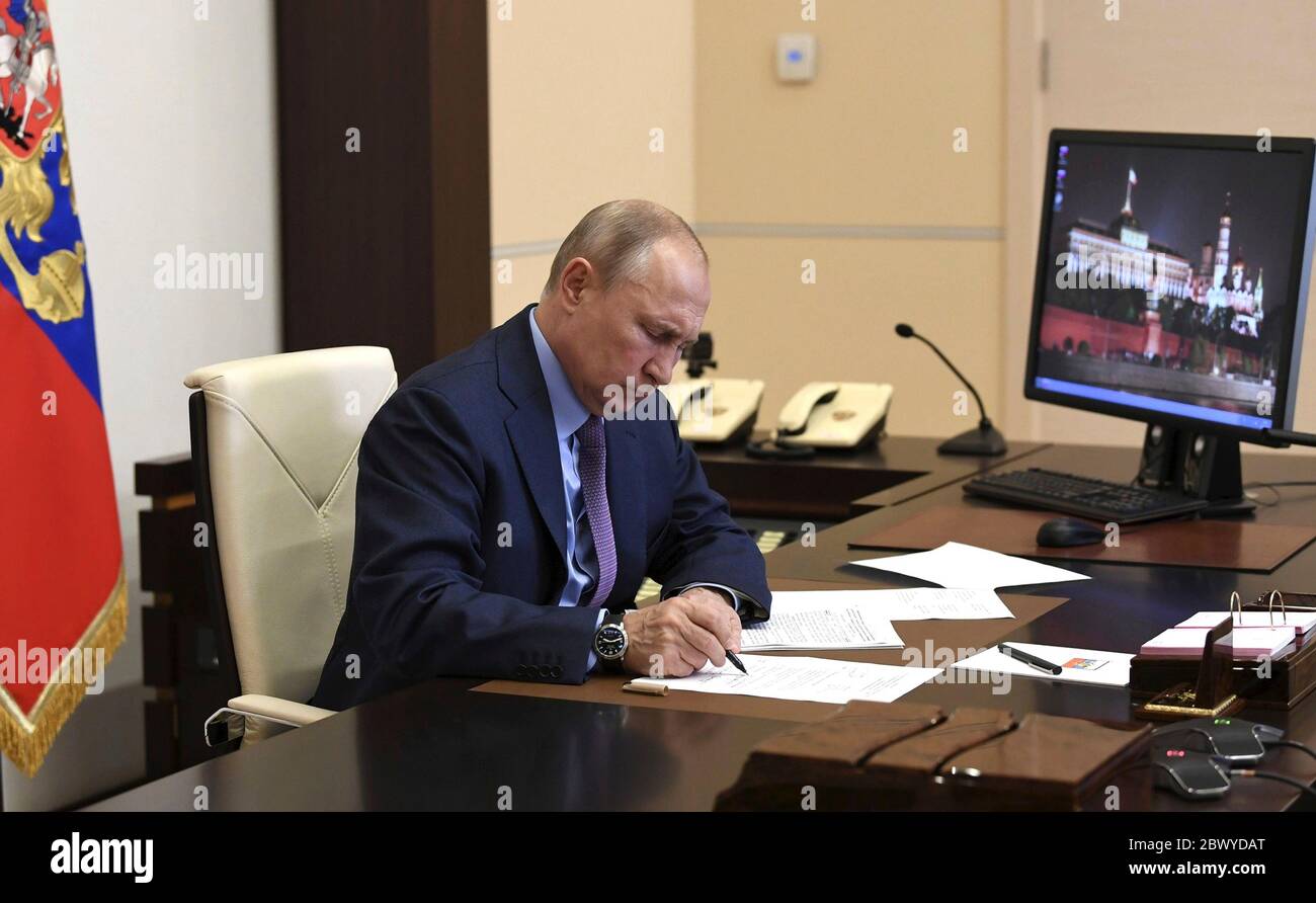 Novo-Ogaryovo, Russia. 03rd June, 2020. Russian President Vladimir Putin, chairs a meeting via video conference to discuss a diesel fuel spill in the Krasnoyarsk Region from his office at the Novo-Ogaryovo state residence June 3, 2020 outside Moscow, Russia. Credit: Aleksey Nikolskyi/Kremlin Pool/Alamy Live News Stock Photo