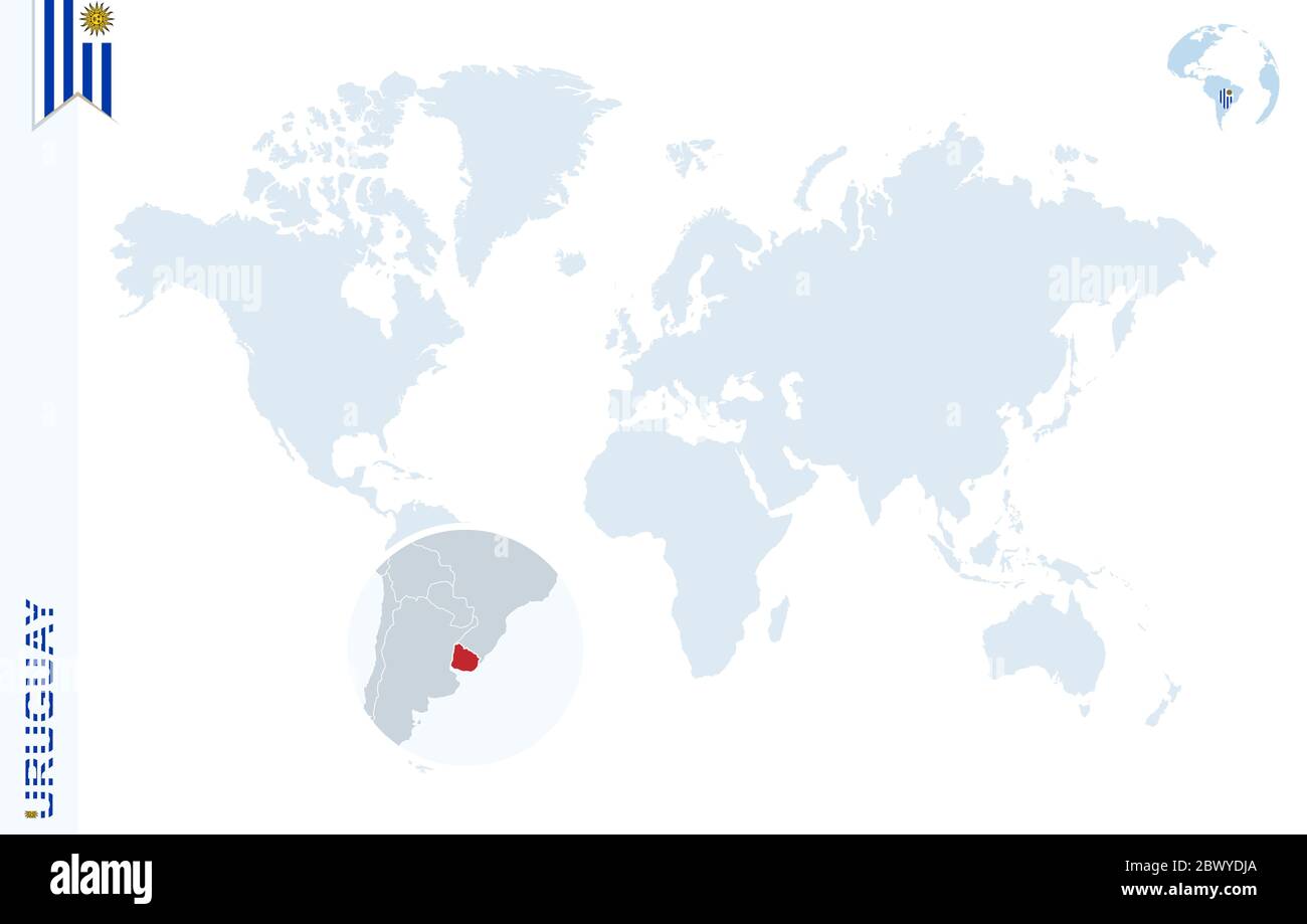 World Map With Magnifying On Uruguay Blue Earth Globe With Uruguay World Map With Magnifying On Uruguay Blue Earth Globe With Uruguay Flag Pin Zoom On Uruguay Map Vector Illustration 2BWYDJA
