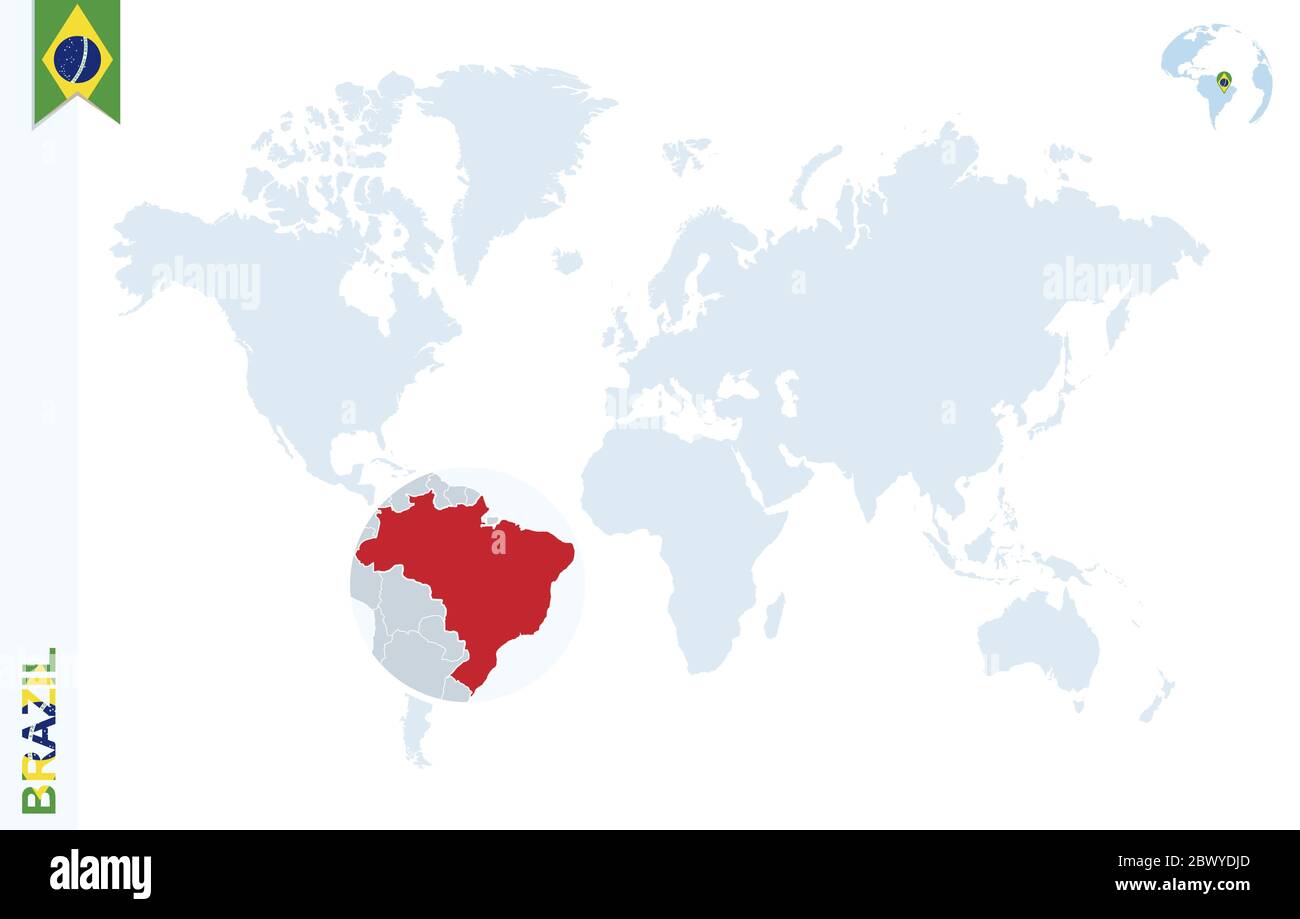 World Map With Magnifying On Brazil Blue Earth Globe With Brazil Flag World Map With Magnifying On Brazil Blue Earth Globe With Brazil Flag Pin Zoom On Brazil Map Vector Illustration 2BWYDJD 