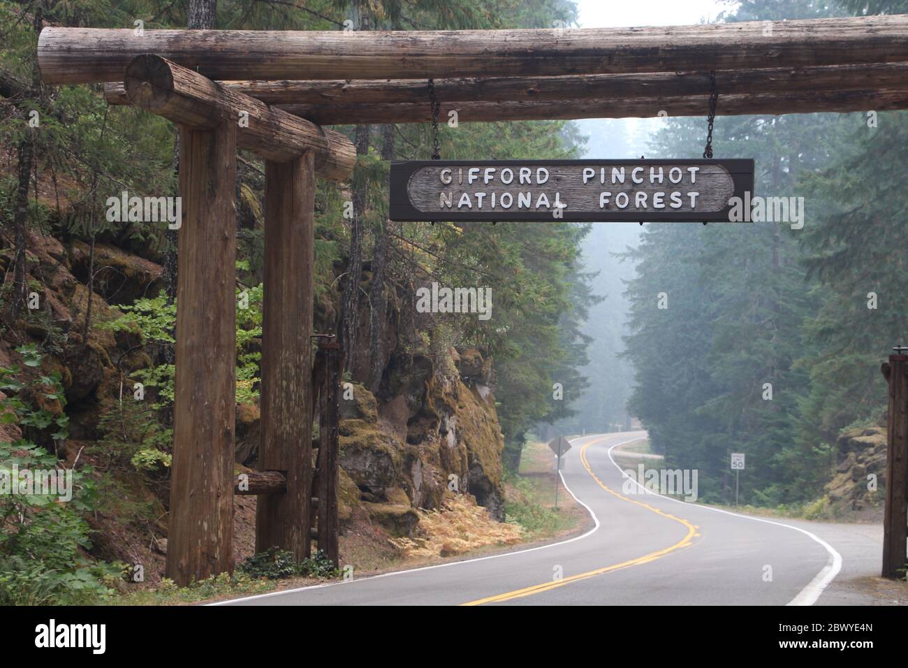 Pictured is the entry to the Gifford Pinchot National Forest in the United States. Stock Photo