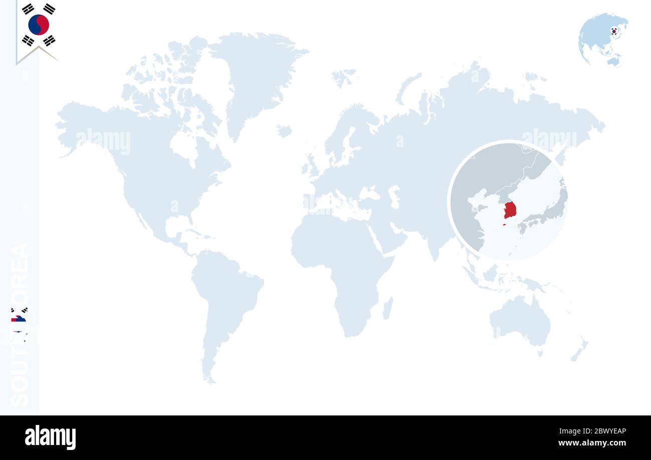 South Korea Map In World Map World Map With Magnifying On South Korea. Blue Earth Globe With South Korea  Flag Pin. Zoom On South Korea Map. Vector Illustration Stock Vector Image &  Art - Alamy