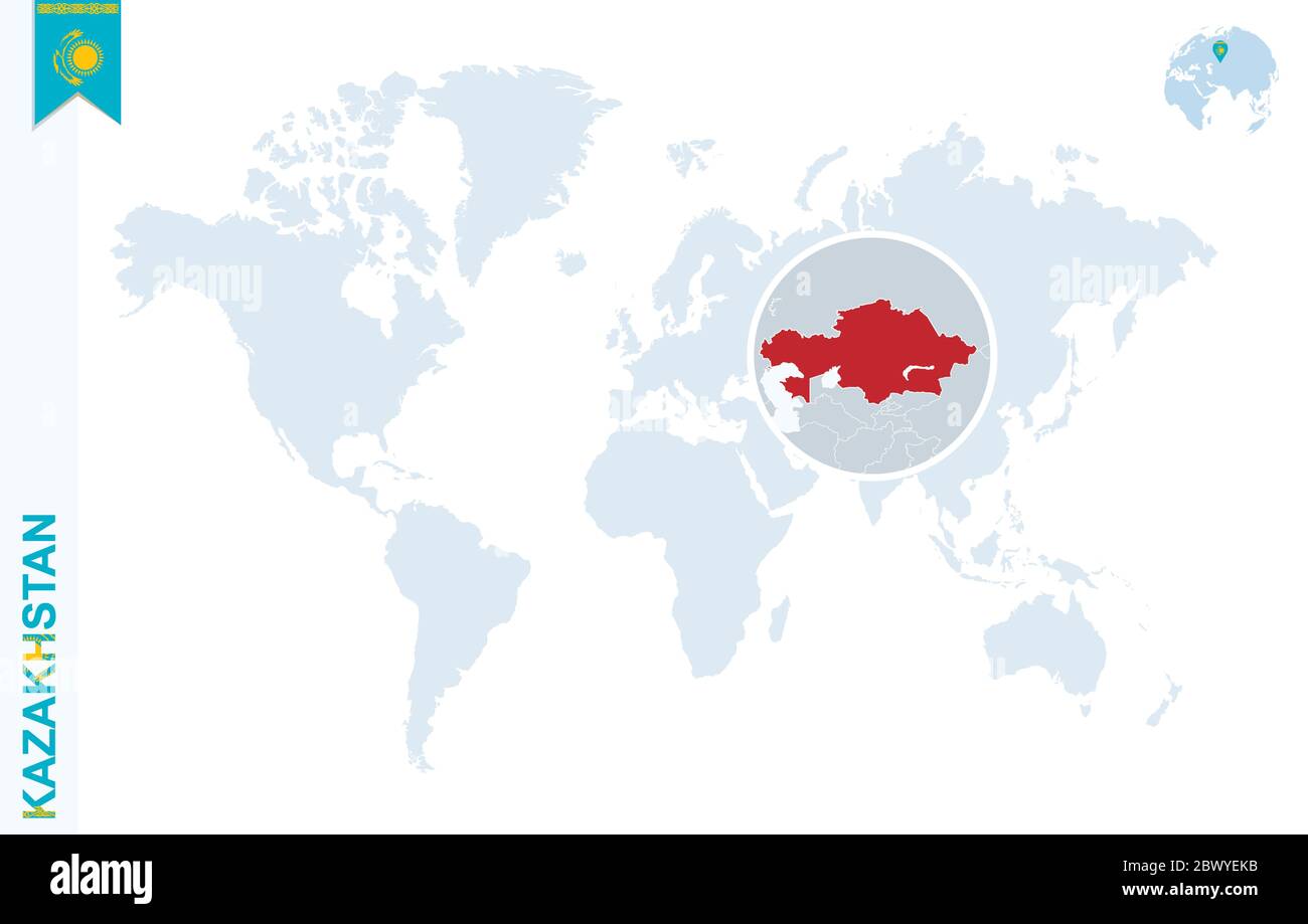 Kazakhstan On A World Map World Map With Magnifying On Kazakhstan. Blue Earth Globe With Kazakhstan  Flag Pin. Zoom On Kazakhstan Map. Vector Illustration Stock Vector Image &  Art - Alamy