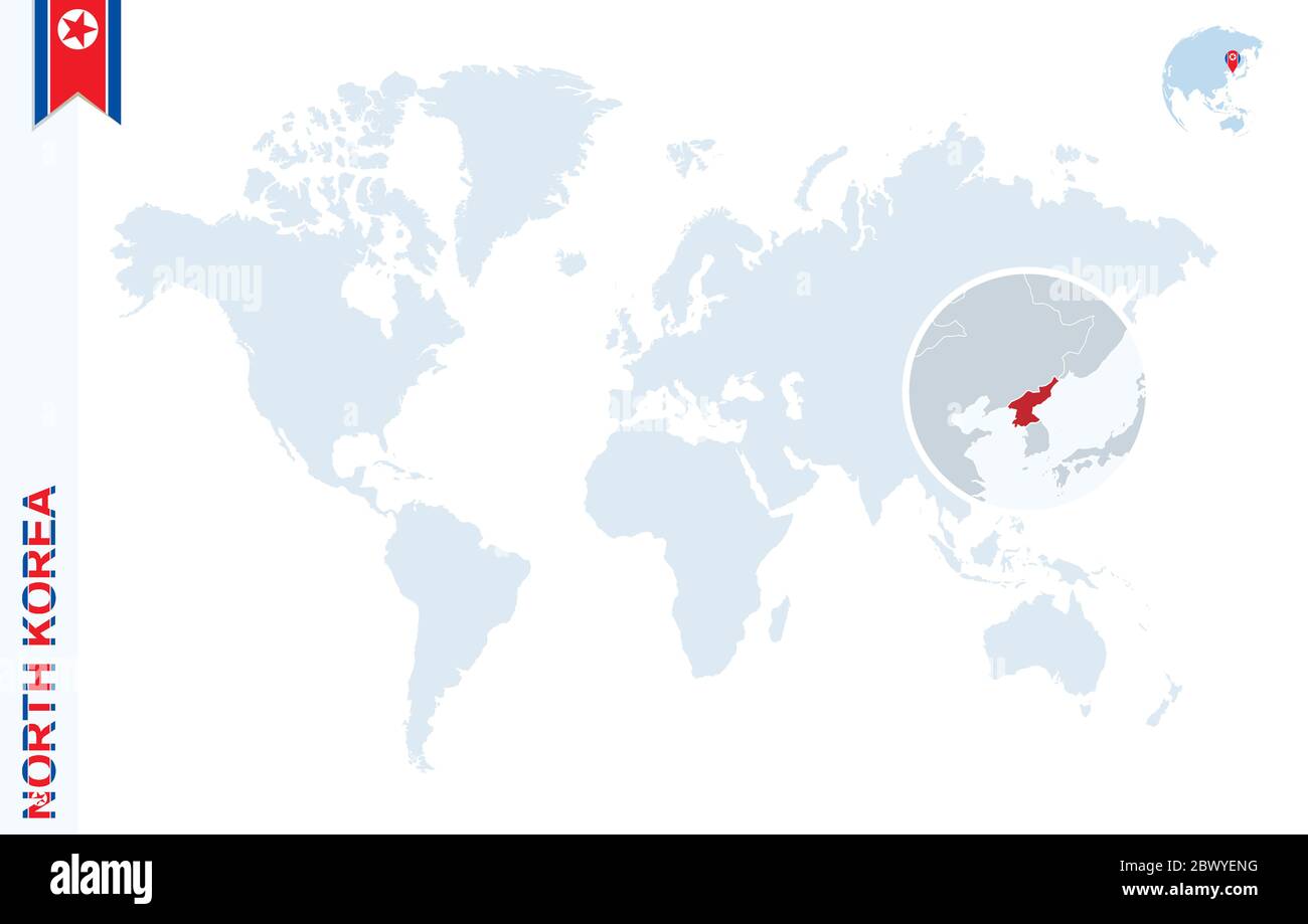 World Map With Magnifying On North Korea Blue Earth Globe With North World Map With Magnifying On North Korea Blue Earth Globe With North Korea Flag Pin Zoom On North Korea Map Vector Illustration 2BWYENG