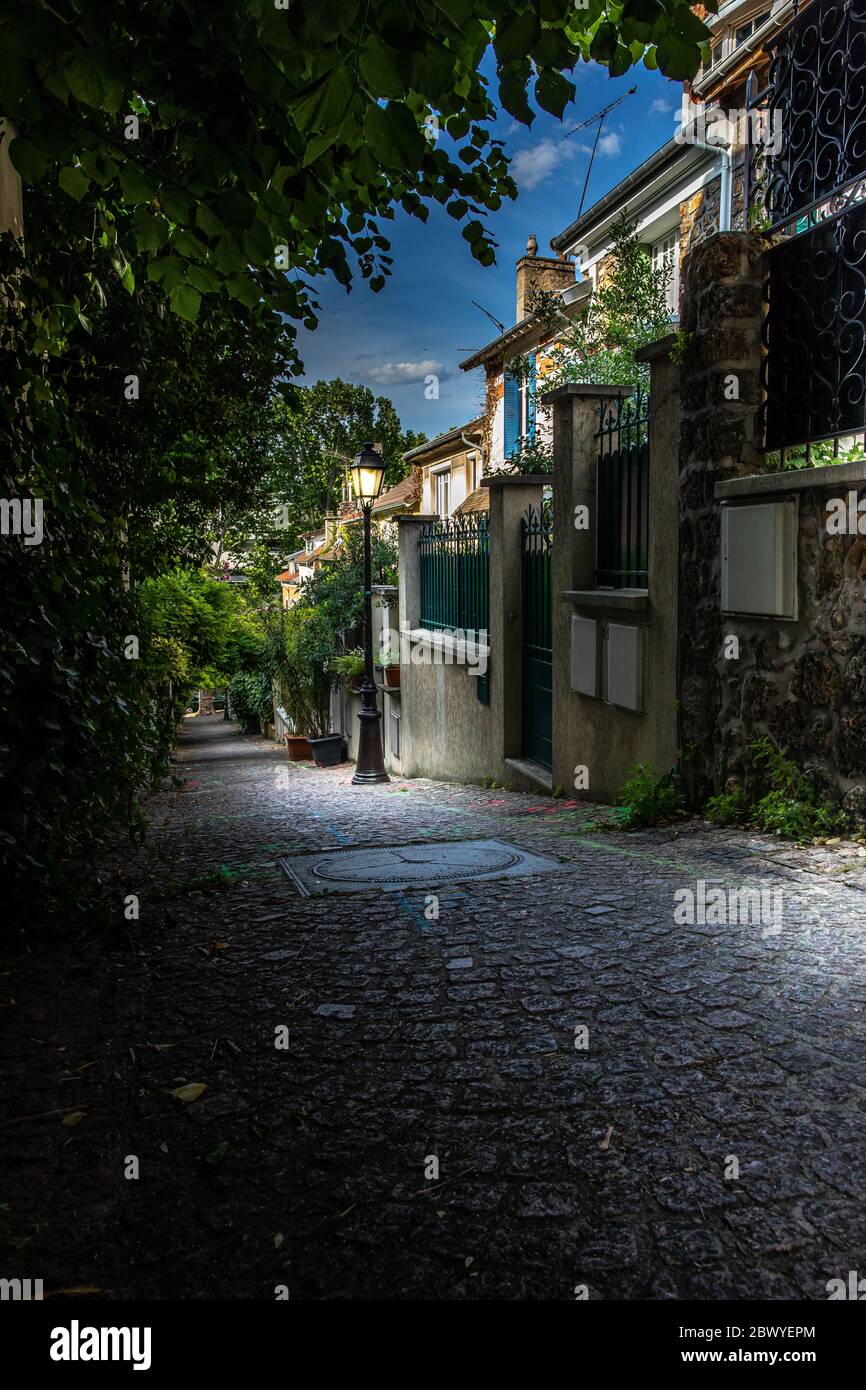 Paris, France - June 2, 2020: La Mouzaia district built around the Street Michel Hidalgo and Mouzaia. The small houses were originally built for worki Stock Photo