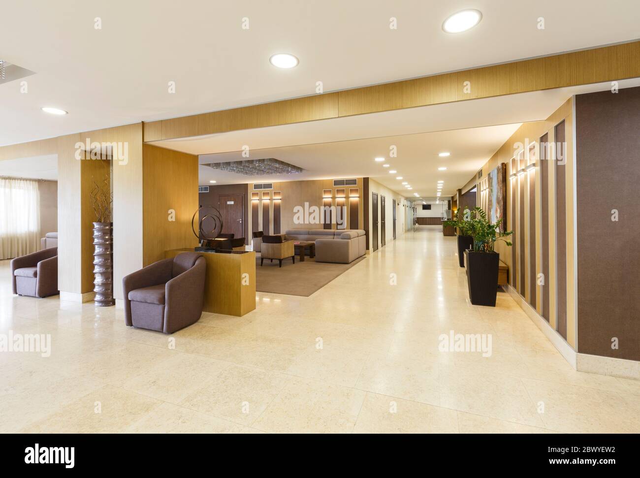 Modern minimalist interior of hotel lobby with decorations Stock Photo