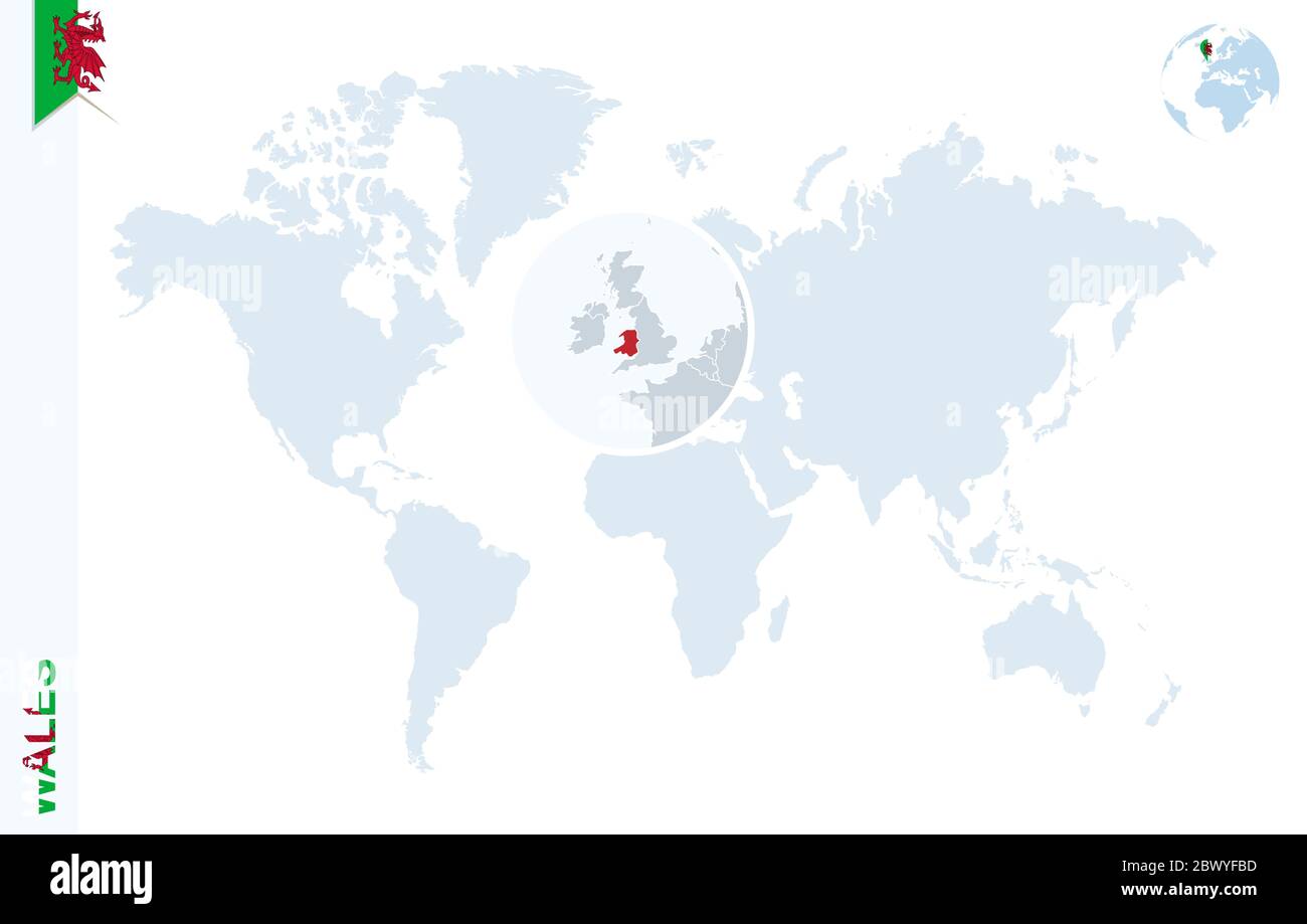 Wales Location On World Map World Map With Magnifying On Wales. Blue Earth Globe With Wales Flag Pin.  Zoom On Wales Map. Vector Illustration Stock Vector Image & Art - Alamy