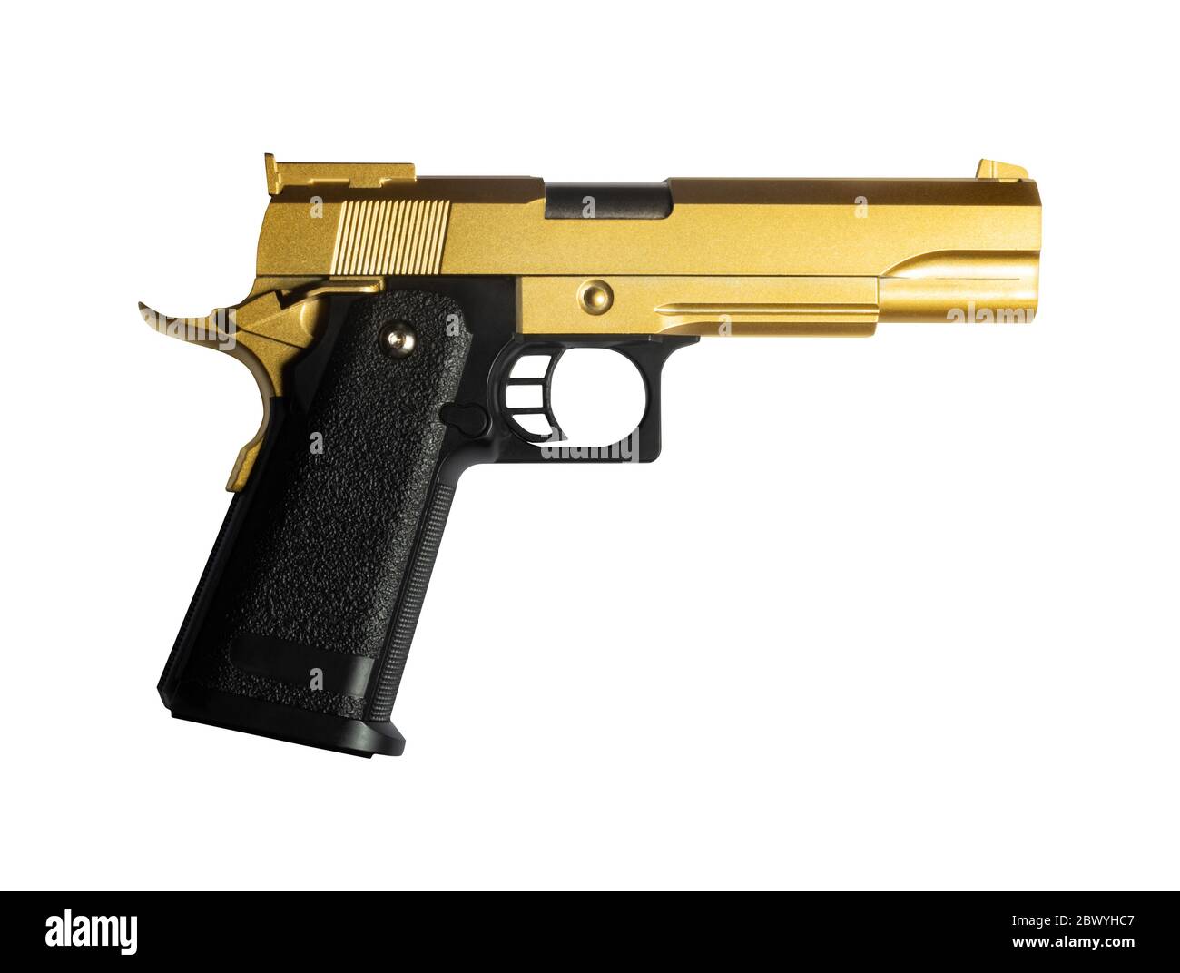 Isolated photo of golden desert eagle gun on white background. Stock Photo